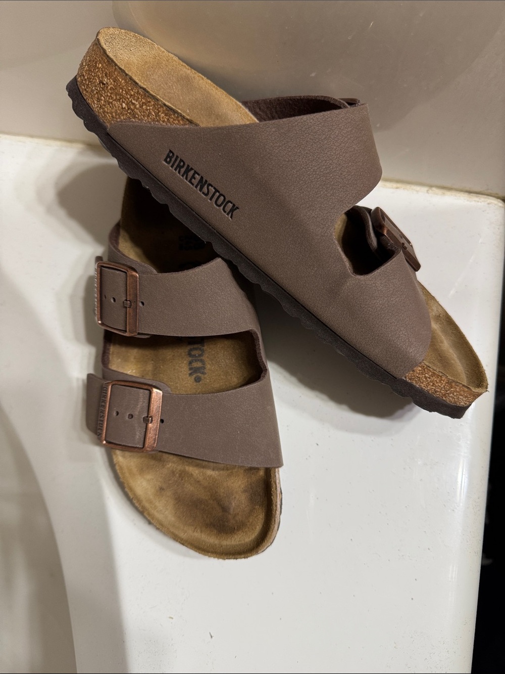 Birkenstock Arizona Dual-Band Tan Slide Sandals with Buckles - Picture 2 of 5
